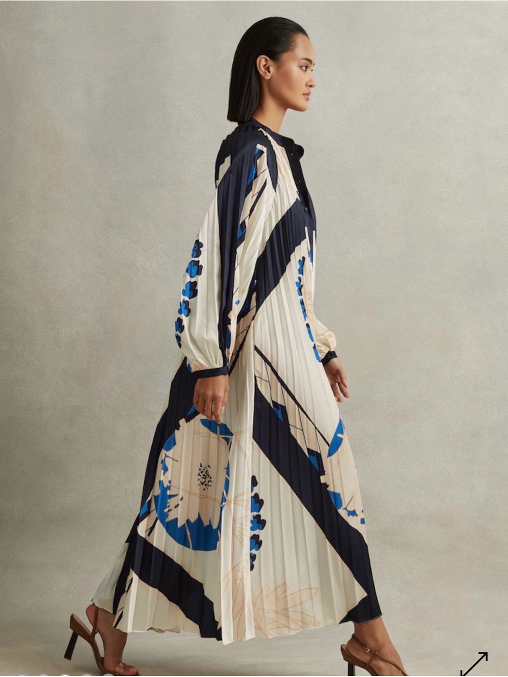 NWT Reiss Pleated Floral Maxi Dress in Navy, Cream & Blue SZ M